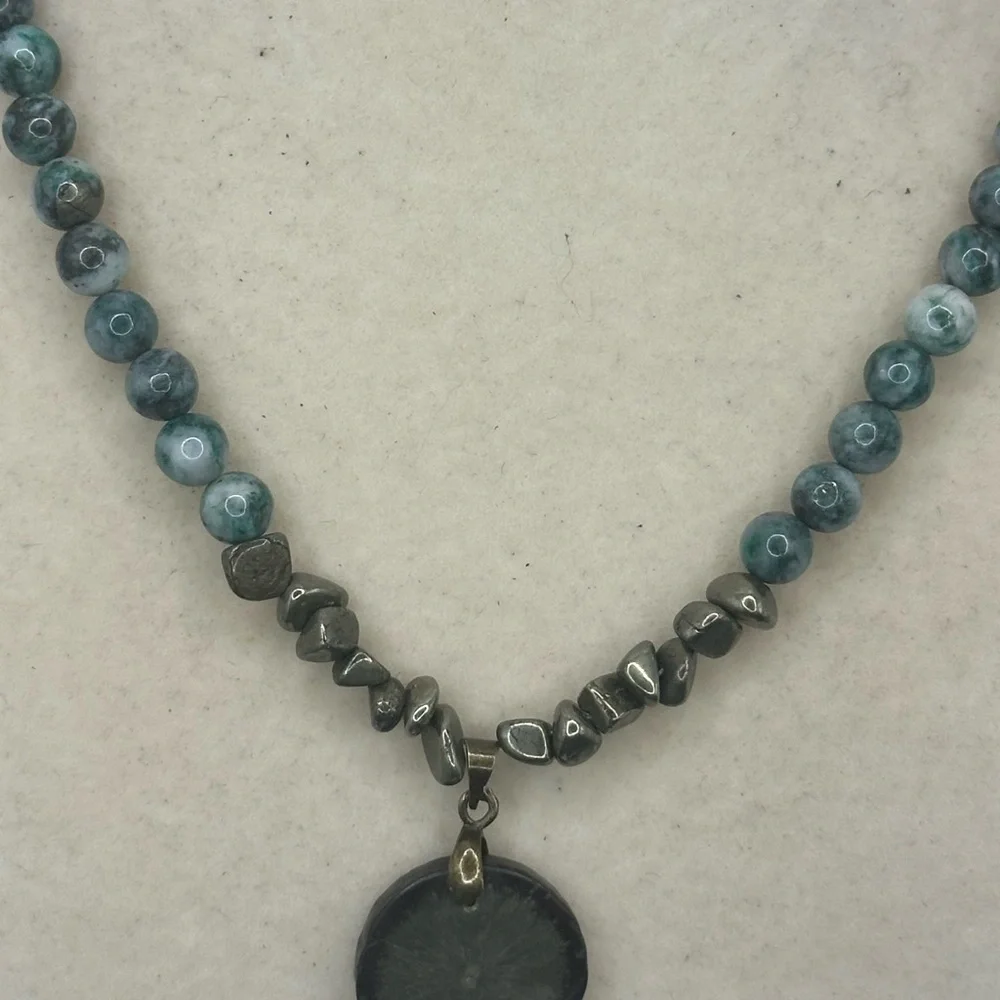 Pyrite and Jade Beaded Necklace with Pyrite Sun Pendant